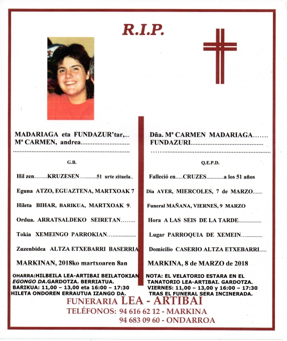 Esquela de Maria Carmen Madariaga Fundazuri
