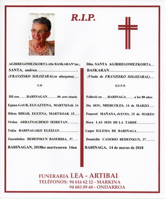 Esquela de Santa Agirregomezkorta Baskaran