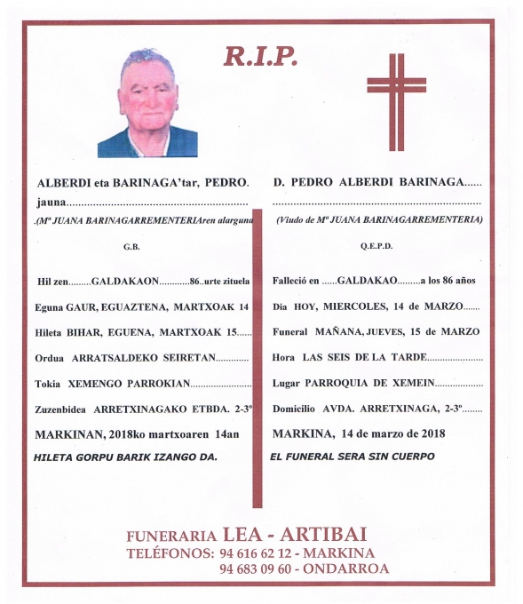 Esquela de Pedro Alberdi