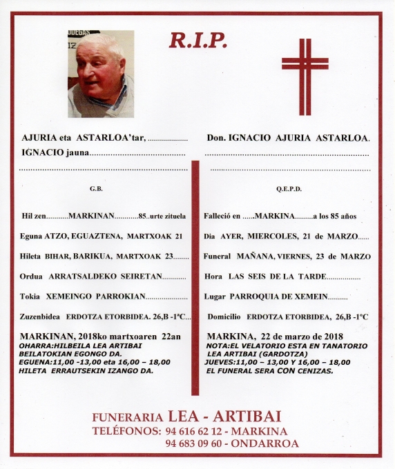Esquela de Ignacio Ajuria Astarloa