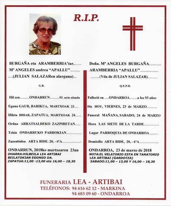 Esquela de Mª Angeles Burgaña Aranberria