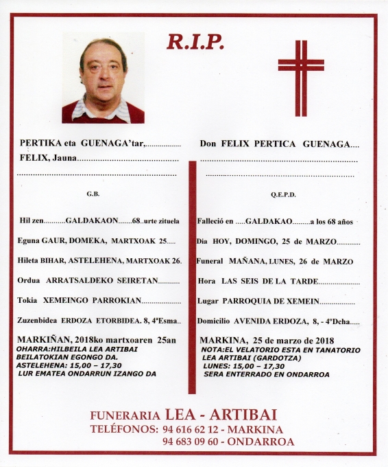 Esquela de Felix Pertika Guenaga