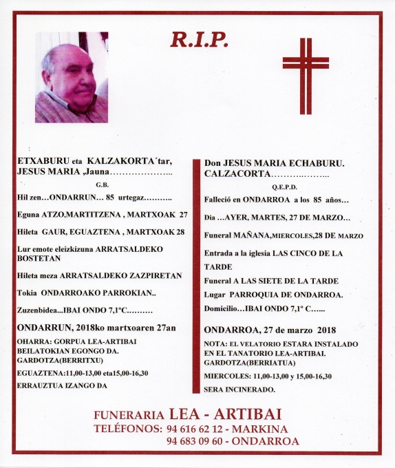 Esquela de Jesus Maria Etxaburu Kalzakorta