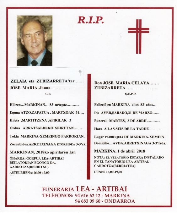 Esquela de Jose Maria Zelaia Zubizarreta