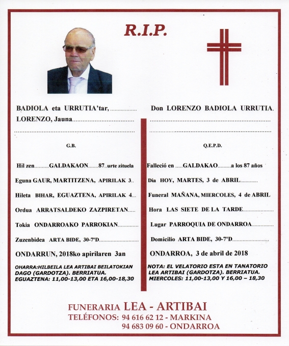 Esquela de Lorenzo Badiola Urrutia