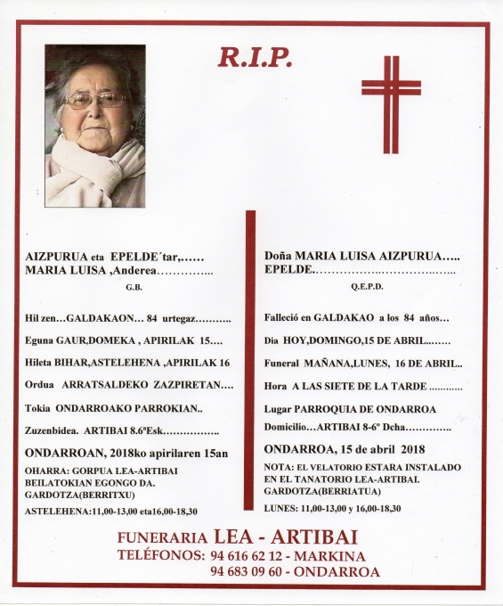 Esquela de Maria Luisa Aizpurua Epelde