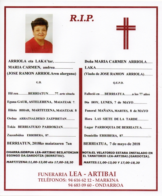 Esquela de Mª Carmen Arriola Laka