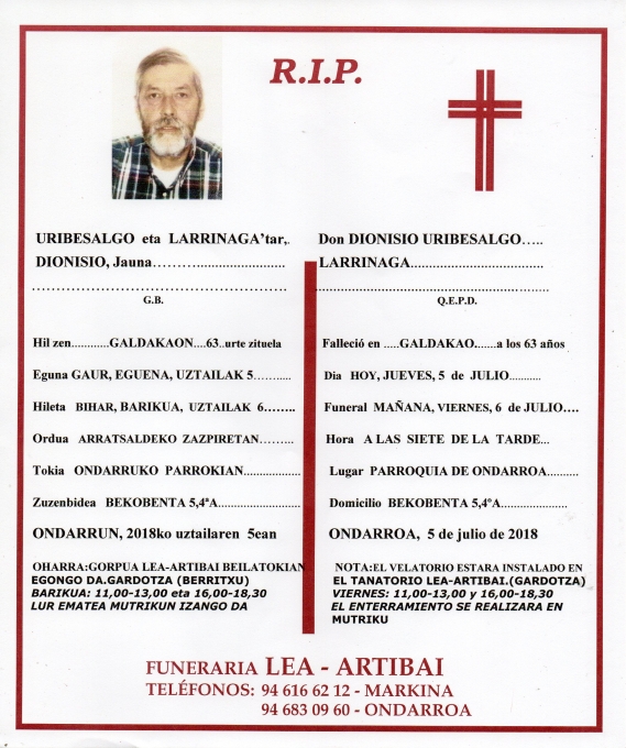 Esquela de Dionisio Uribesalgo Larrinaga