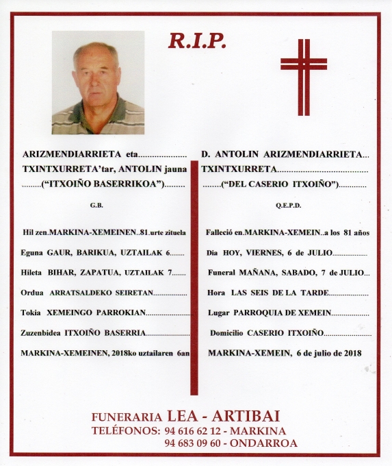 Esquela de Antolin Arizmendiarrieta Txintxurreta