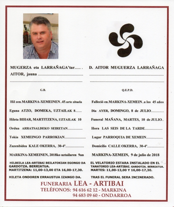 Esquela de Aitor Muguerza Larrañaga
