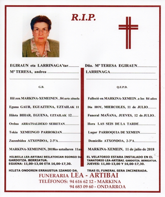 Esquela de Mª Teresa Egiraun Zulaika
