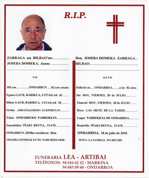 Esquela de Joseba Domeka Zarraga Bilbao