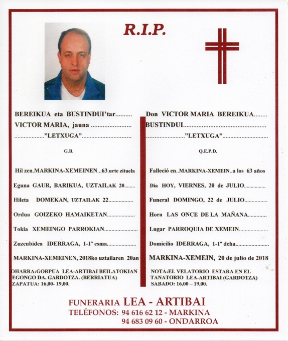 Esquela de Victor Maria Bereikua Bustindui