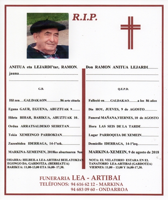 Esquela de Ramon Anitua Lejardi