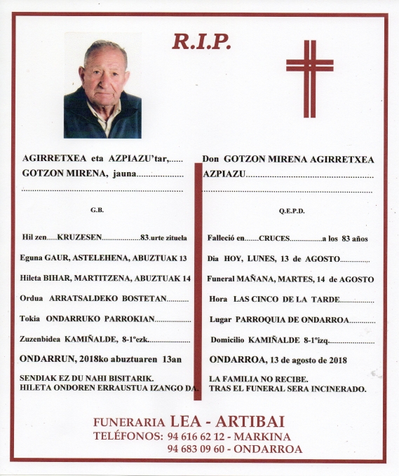 Esquela de Gotzon Mirena Agirretxea Azpiazu