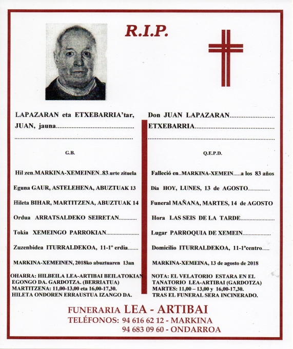 Esquela de Juan Lapazaran Etxebarria