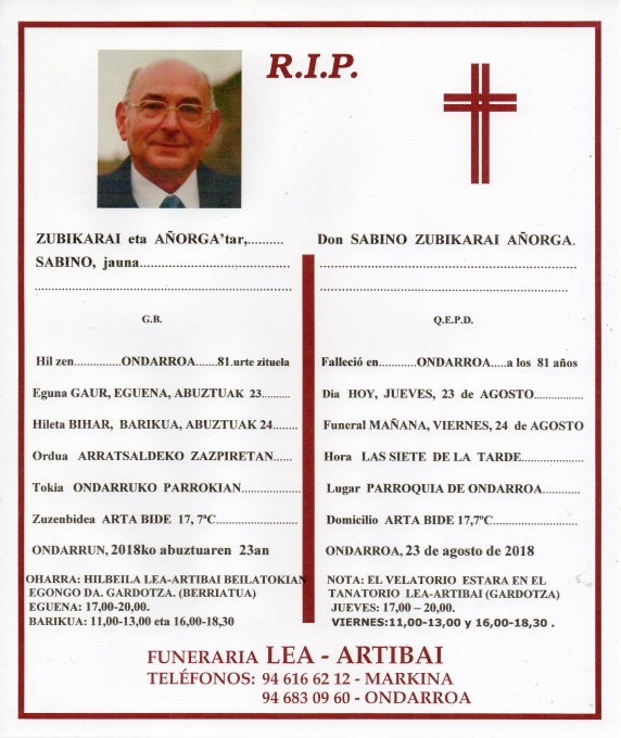 Esquela de Jose Ramon Solabarrieta Urresti