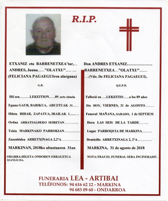 Esquela de Andres Etxaniz Barrenetxea