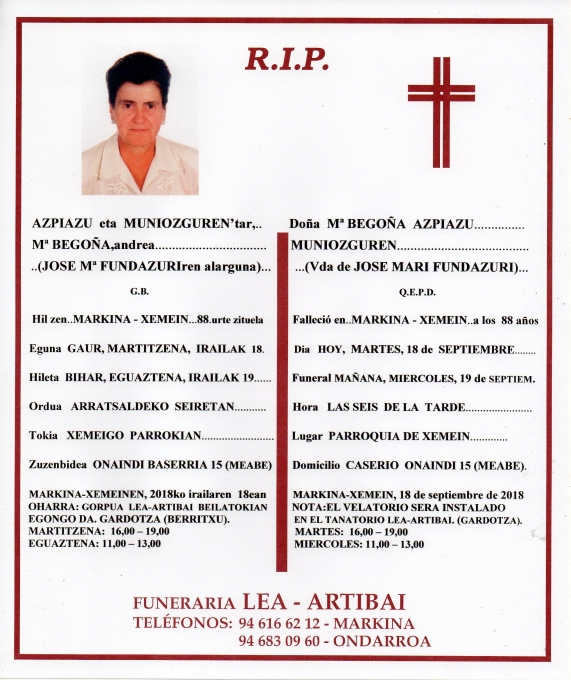 Esquela de Mª Begoña Azpiazu Muniozguren