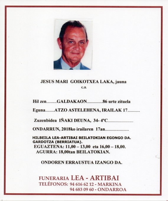 Esquela de Jose Maria Goikoetxea Laka