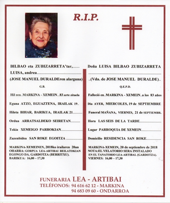 Esquela de Luisa Bilbao Zubizarreta