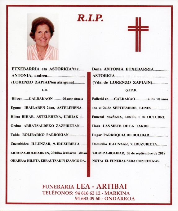 Esquela de Antonia Echevarria Astorquia