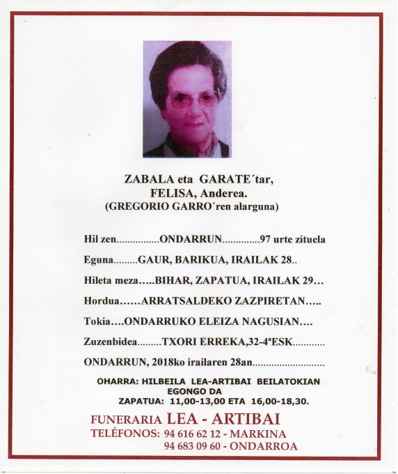 Esquela de Felisa Zabala Garate