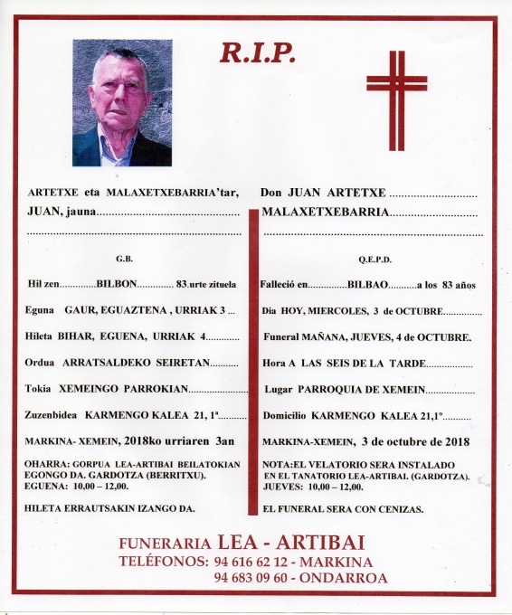 Esquela de Juan Artetxe Malaxetxebarria