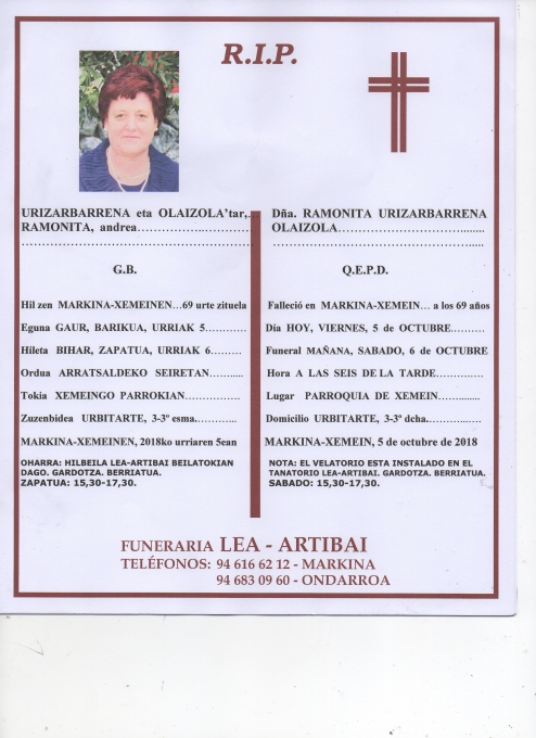 Esquela de Ramonita Urizarbarrena Olaizola