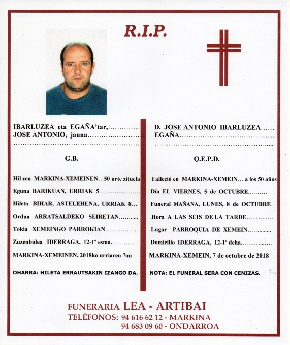 Esquela de Jose Antonio Ibarluzea Egaña