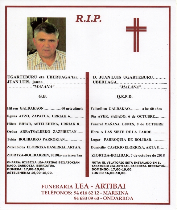 Esquela de Juan Luis Ugarteburu Uberuaga