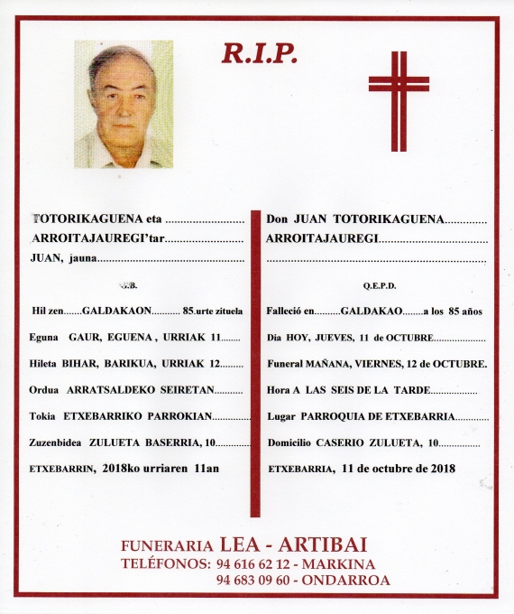 Esquela de Juan Totorikaguena Arroitajauregi