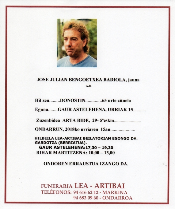 Esquela de Julian Bengoetxea Badiola