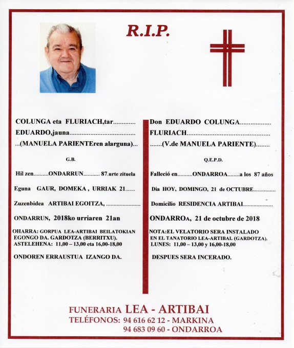 Esquela de Eduardo Colunga Fluriach