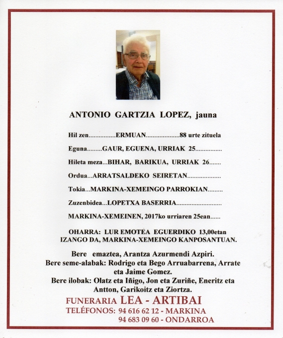 Esquela de Antonio Gartzia Lopez