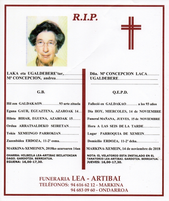 Esquela de Maria Concepcion Laca Ugaldebere