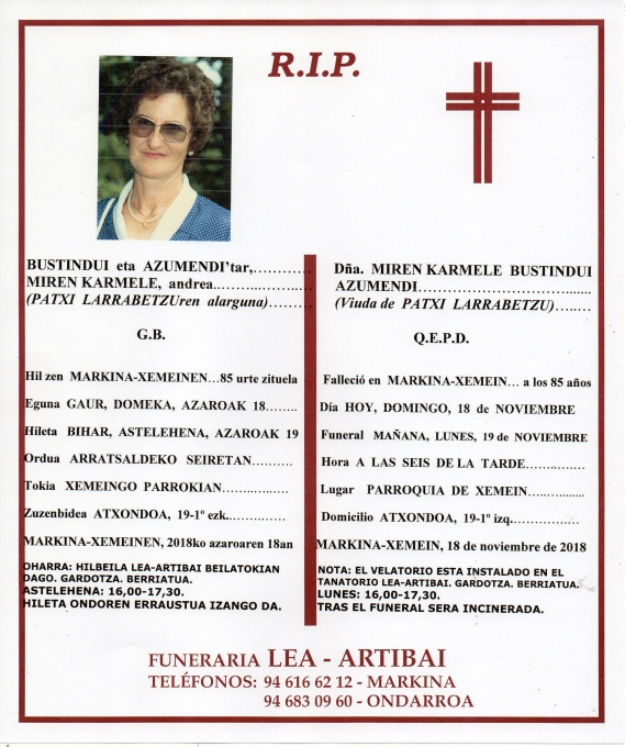 Esquela de Miren Karmele Bustindui Azumendi