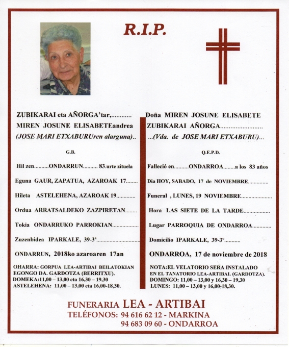 Esquela de Miren Josune Elisabete Zubikarai Añorga