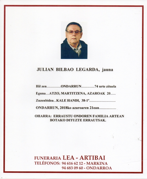 Esquela de Julian Bilbao Legarda