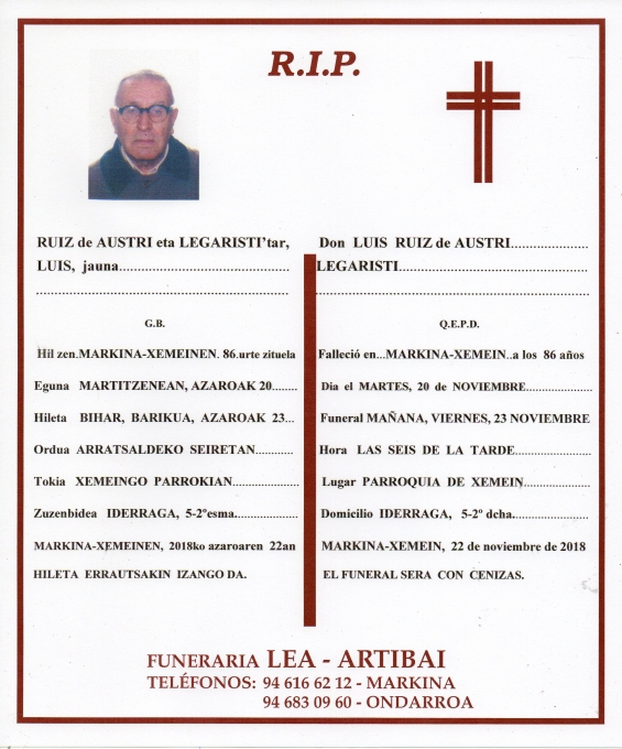 Esquela de Luis Ruiz de Austri Legaristi