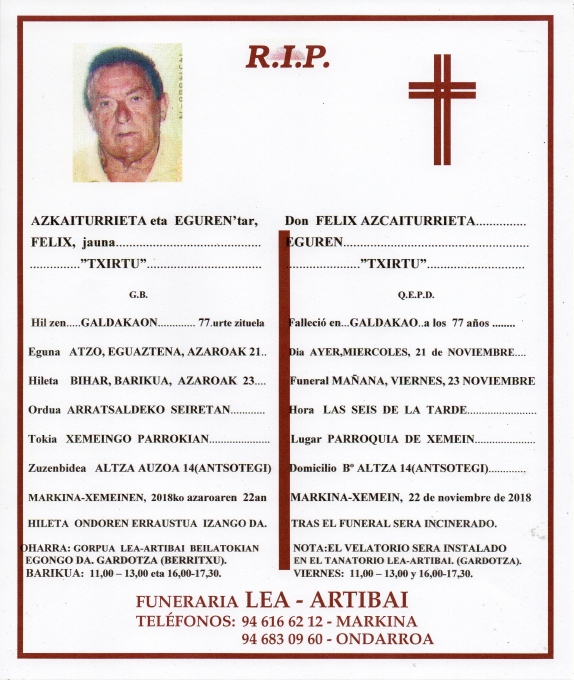 Esquela de Felix Azkaiturrieta Eguren