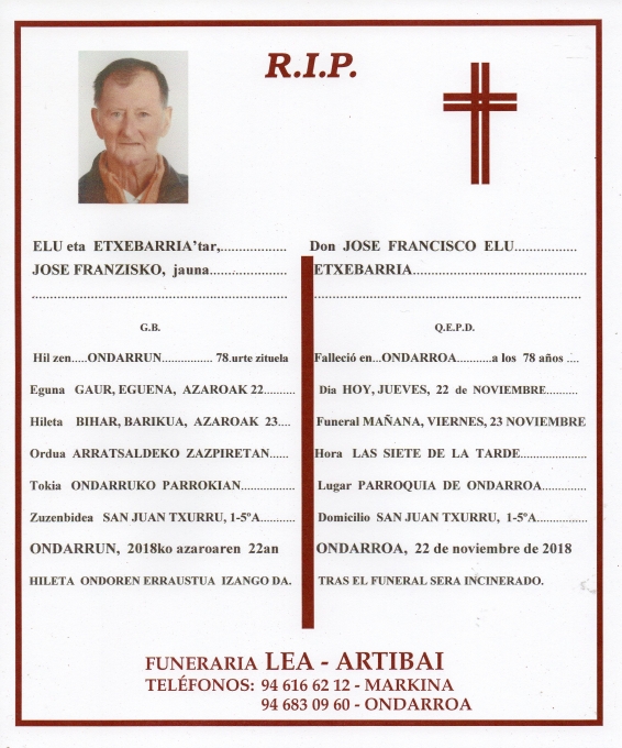 Esquela de Jose Franzisko Elu Etxebarria