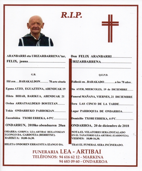 Esquela de Felix Aranbarri Urizarbarrena