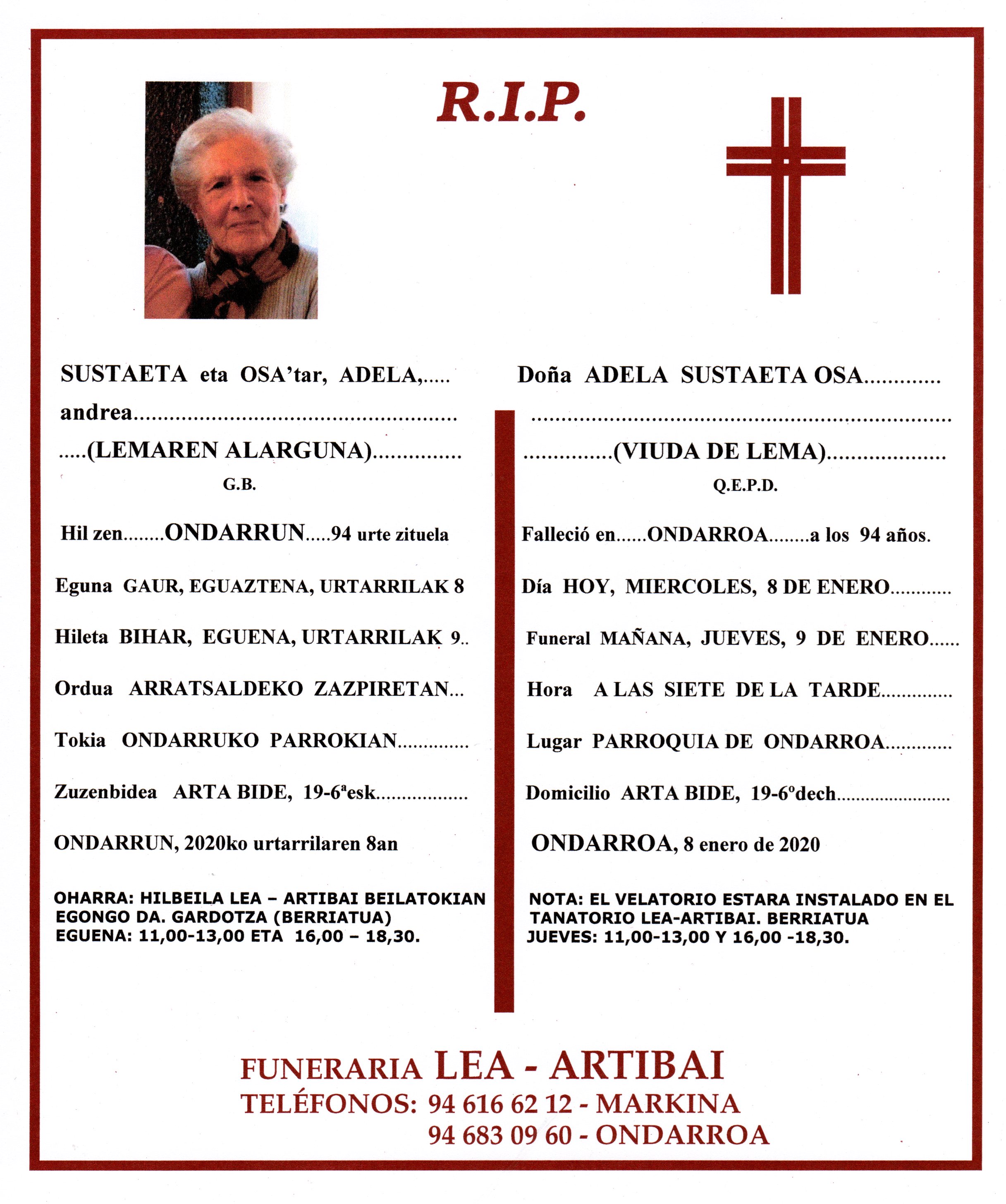 Esquela de Adela Sustaeta Osa