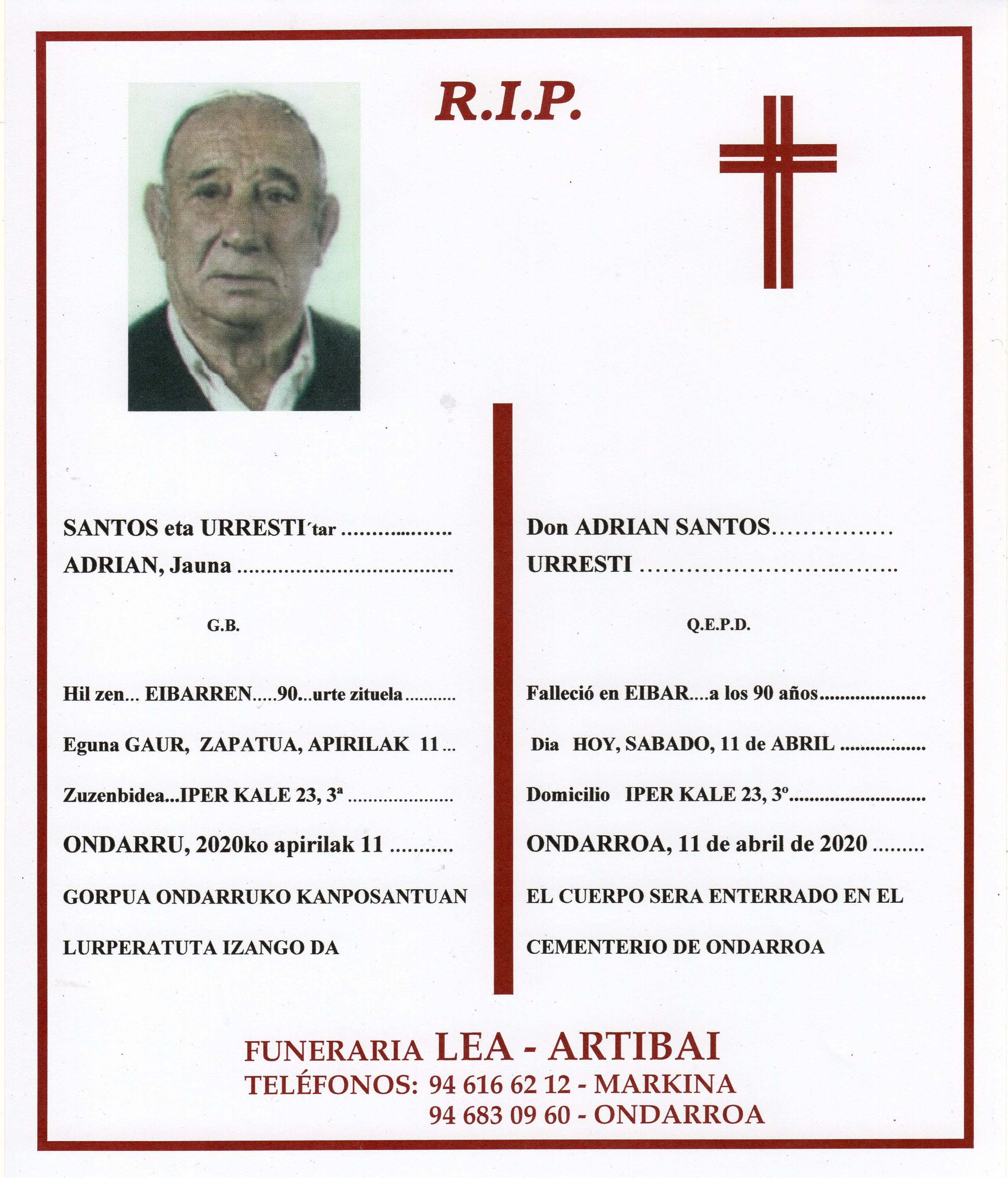 Esquela de Adrian Santos Urresti