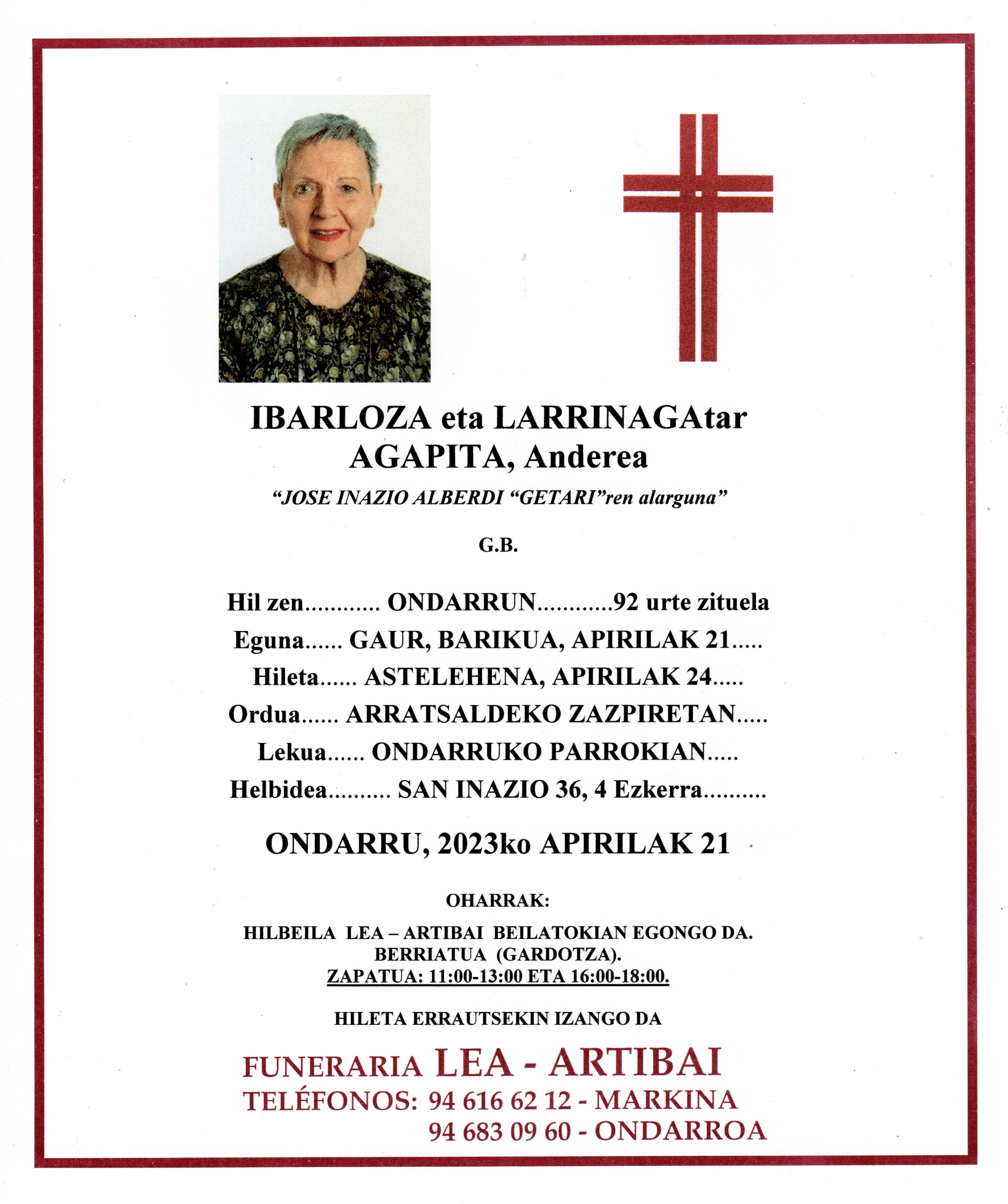 Esquela de Agapita Ibarloza Larrinaga