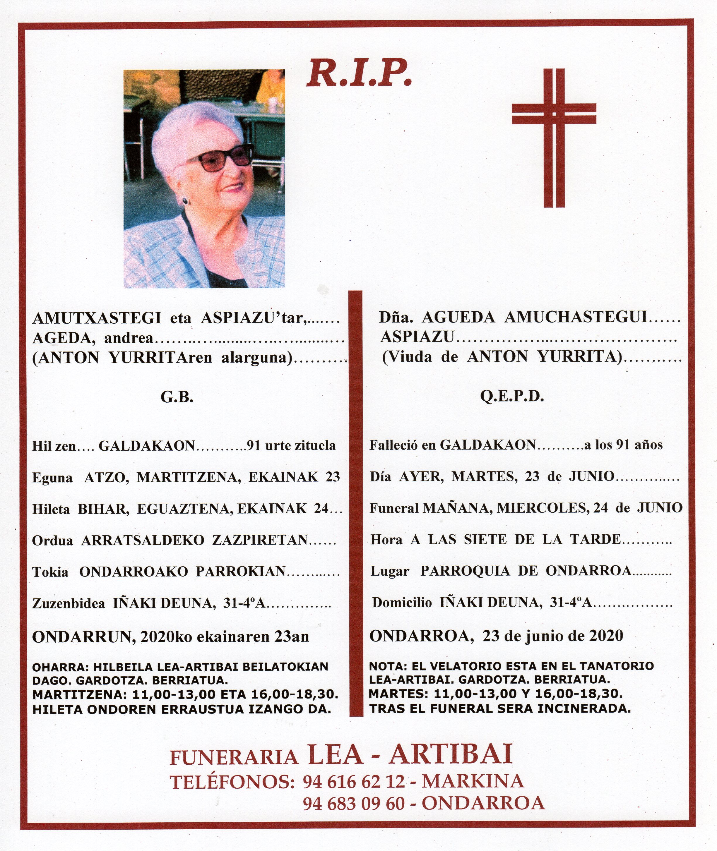 Esquela de Ageda Amutxastegi Aspiazu