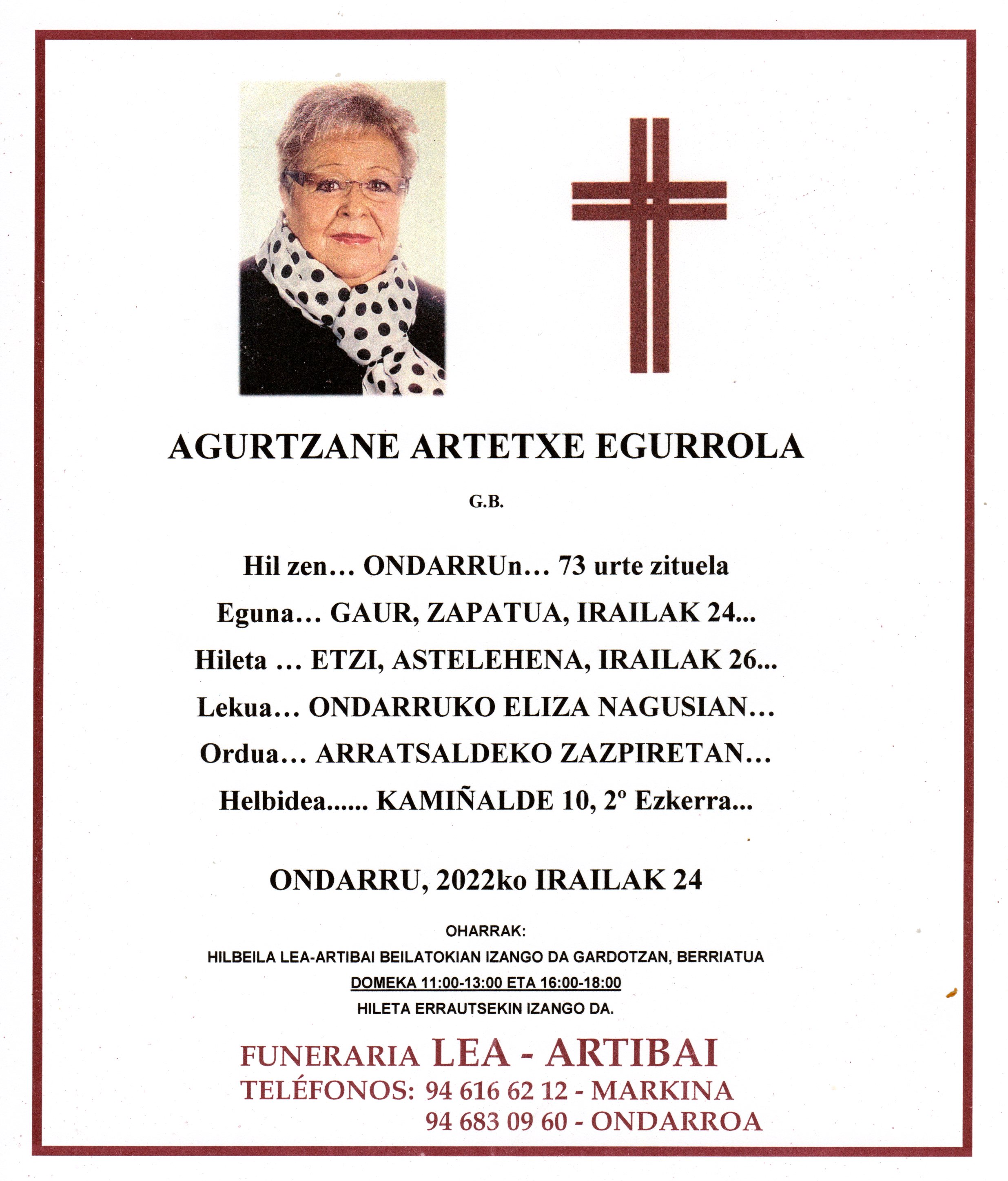 Esquela de Agurtzane Artetxe Egurrola