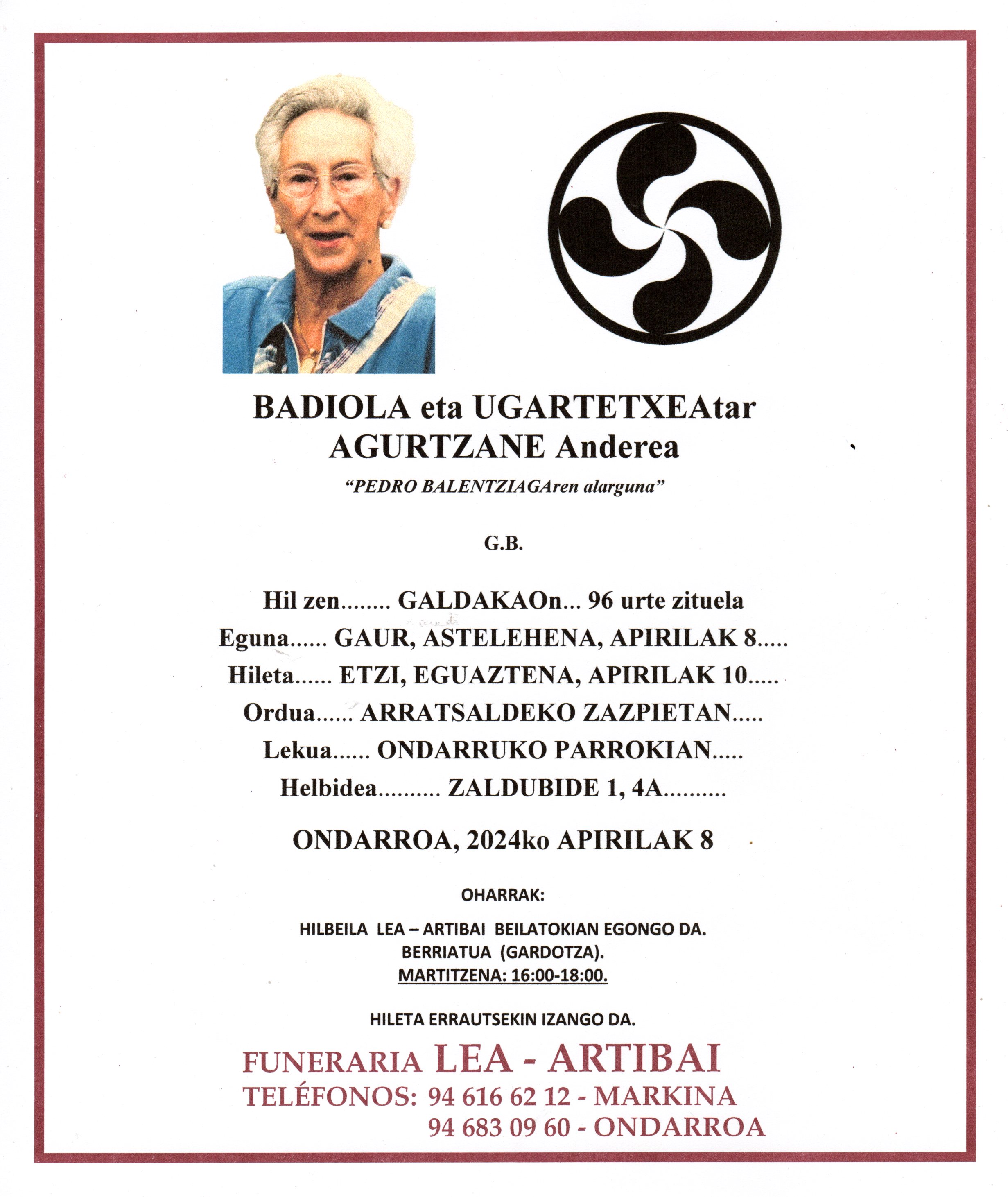 Esquela de Agurtzane Badiola Ugartetxea