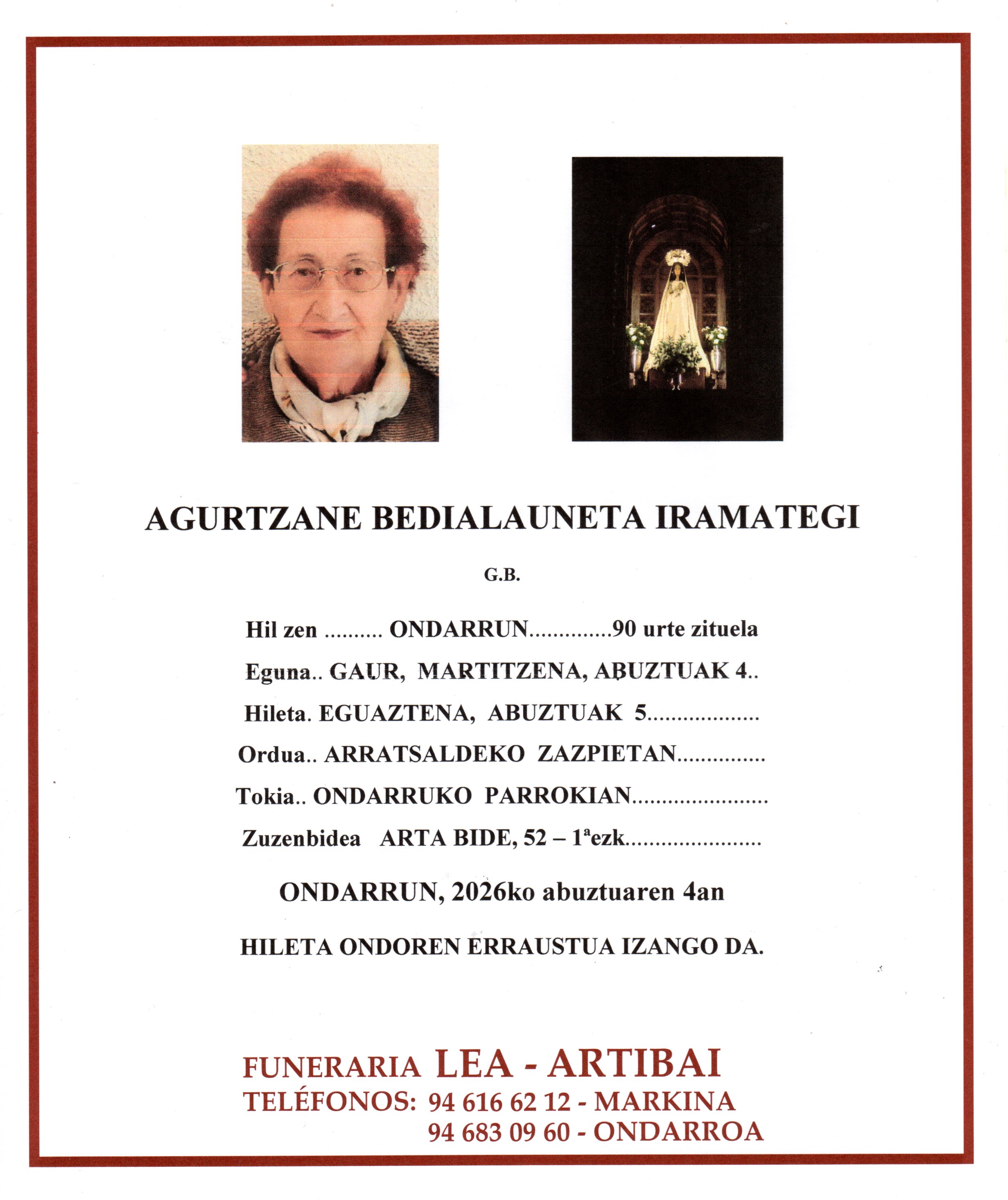 Esquela de Agurtzane Bedialauneta Iramategi